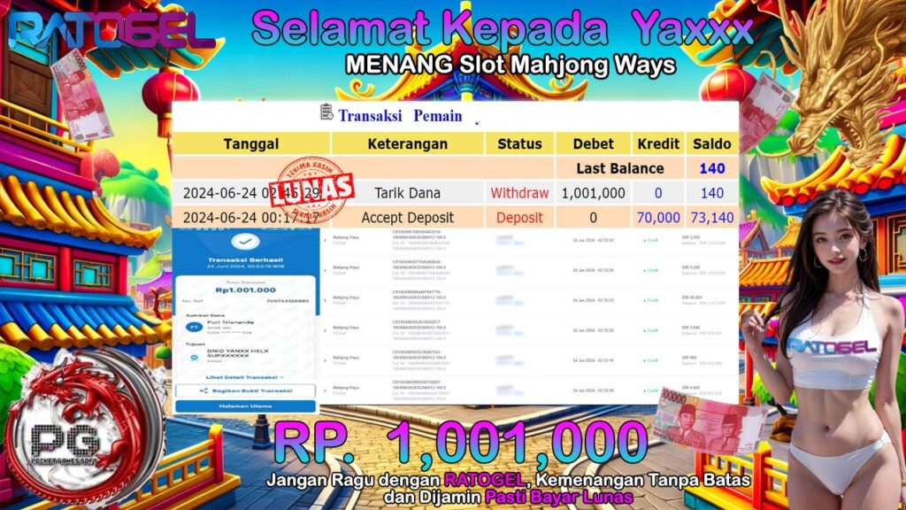 BUKTI JACKPOT SLOT MAHJONG WAYS TERPERCAYA DI INDONESIA TGL 24-06-2024