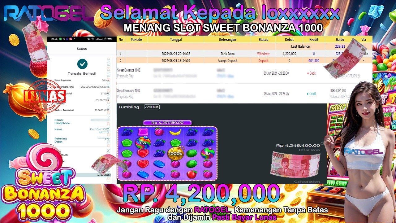 BUKTI JP SLOT SWEET BONANZA 1000 TERPERCAYA DI INDONESIA TGL 09-06-2024