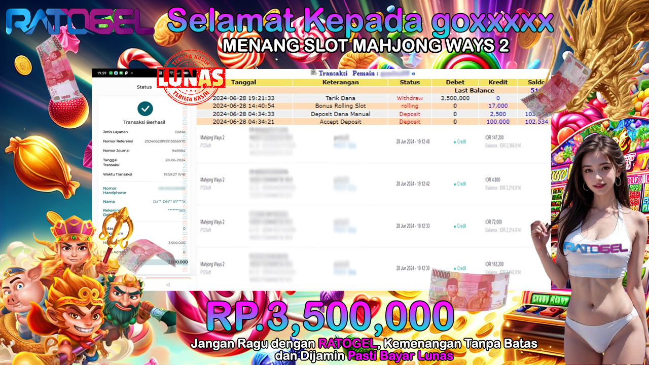 BUKTI JACKPOT SLOT MAHJONG WAYS 2 TERPERCAYA DI INDONESIA TGL 28-06-2024