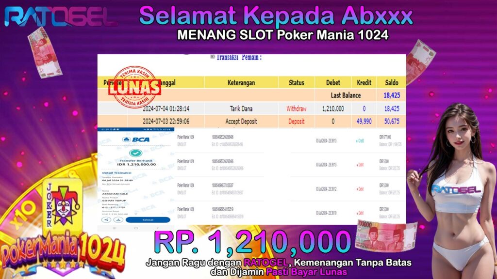 BUKTI JACKPOT SLOT POKER MANIA 1024 TERPERCAYA DI INDONESIA TGL 04-07-2024