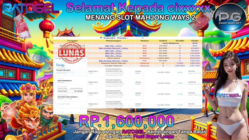 BUKTI JACKPOT SLOT MAHJONG WAYS 2 TERPERCAYA DI INDONESIA TGL 13-07-2024