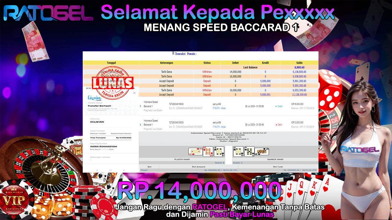 BUKTI JACKPOT SPEED BACCARAT 1 TERPERCAYA DI INDONESIA TGL 29-07-2024