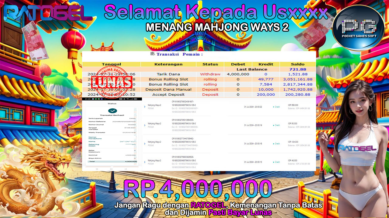 BUKTI JACKPOT SLOT MAHJONG WAYS 2 TERPERCAYA DI INDONESIA TGL 01-08-2024