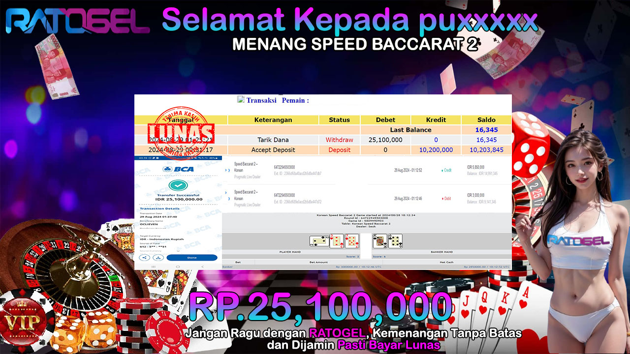 BUKTI JACKPOT LIVE GAME SPEED BACCARAT 2 TERPERCAYA DI INDONESIA TGL 29-08-2024