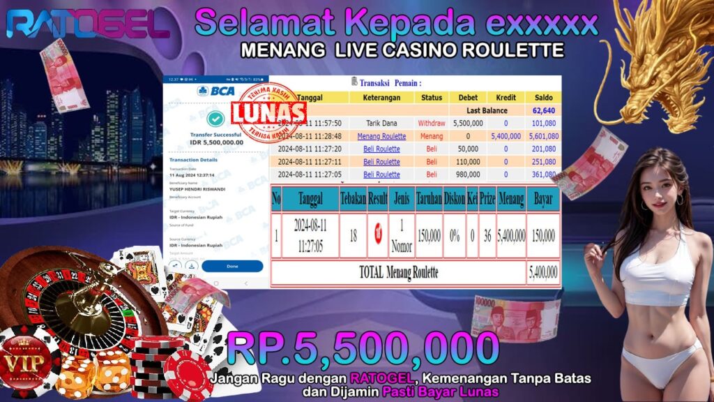 BUKTI JACKPOT LIVE CASINO ROULETTE TERPERCAYA DI INDONESIA TGL 11-08-2024