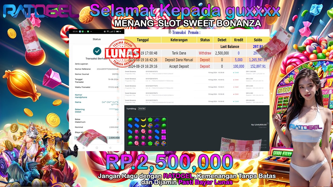 BUKTI JACKPOT SLOT  SWEET BONANZA TERPERCAYA DI INDONESIA TGL 19-08-2024